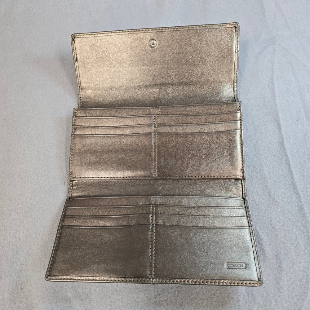 Coach Metallic Bronze Leather Pleated Trifold Wallet Snap Closure 12 Card Slots - Picture 7 of 8